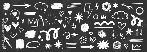 Line kid pencil color brush hand drawn chalk vector element set. Texture brush chalk stroke kid heart, star, arrow element hand drawn sketch scribble. Crayon pencil style. Vector illustration