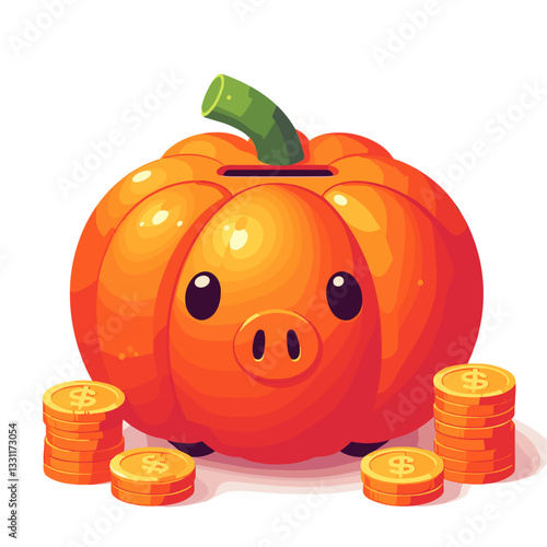 Pumpkin piggy bank surrounded by gold coins. Vector illustration representing harvest savings, seasonal investments and autumn financial planning concepts.