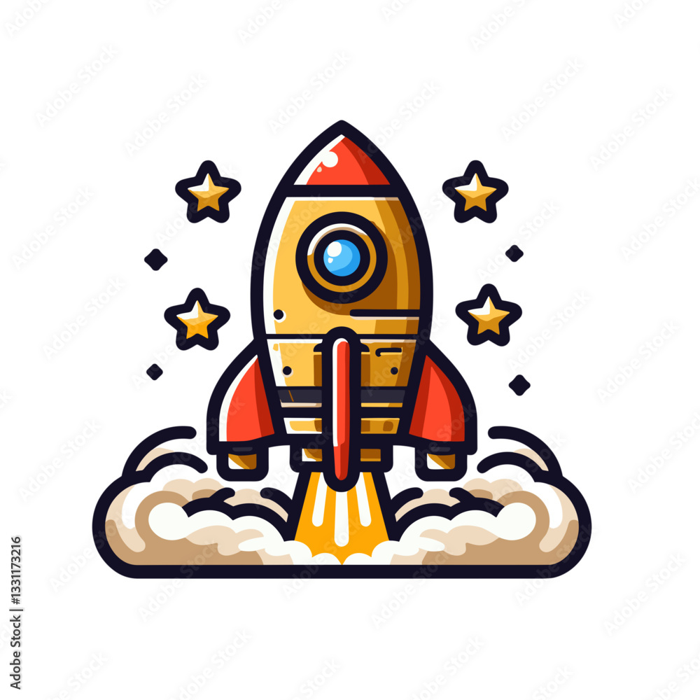 Launching rocket with stars on cloud platform. Vector illustration ideal for startup funding, financial liftoff and business venture acceleration concepts. Launching rocket with stars on cloud platform. Vector illustration ideal for startup funding, financial liftoff and business venture acceleration concepts.