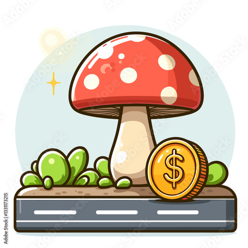 Mushroom with gold coin and road scene. Vector illustration ideal for unexpected financial discoveries, prosperity pathways and growth opportunity concepts.