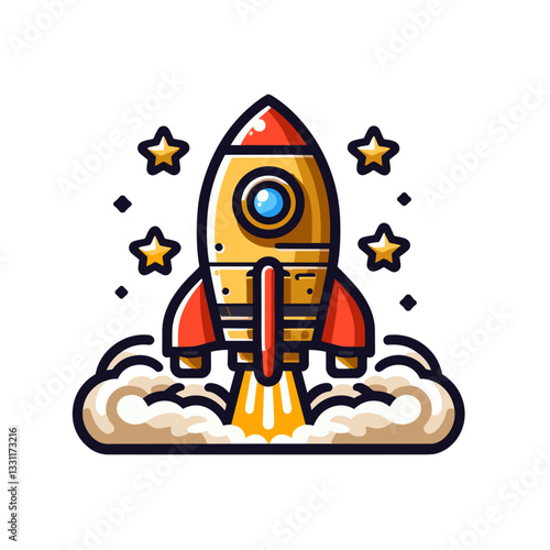 Launching rocket with stars on cloud platform. Vector illustration ideal for startup funding, financial liftoff and business venture acceleration concepts.