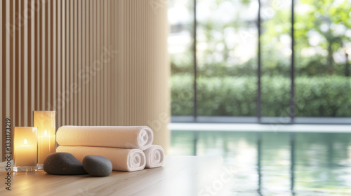 serene spa retreat featuring rolled towels, candles, and stones by tranquil pool