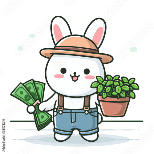 Bunny gardener with money and plant pot. Vector illustration perfect for green investments, horticultural business and growing wealth naturally concepts.