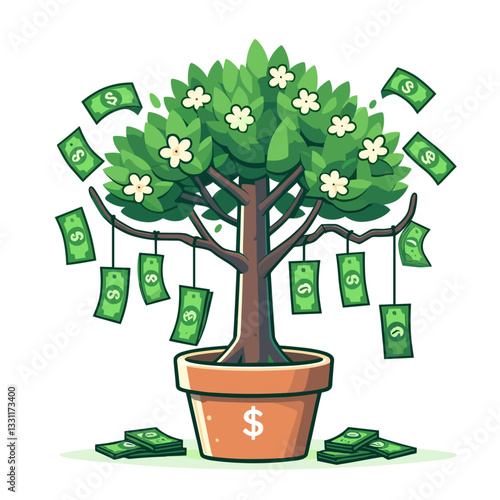 Money tree with dollar bills as leaves in pot. Vector illustration representing passive income, wealth growth and financial abundance concepts.