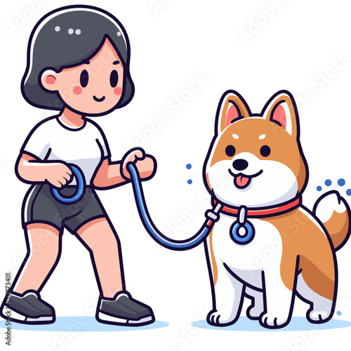 Girl walking shiba inu dog on blue leash. Vector illustration for pet ownership costs, companion animal expenses and household budget planning concepts.