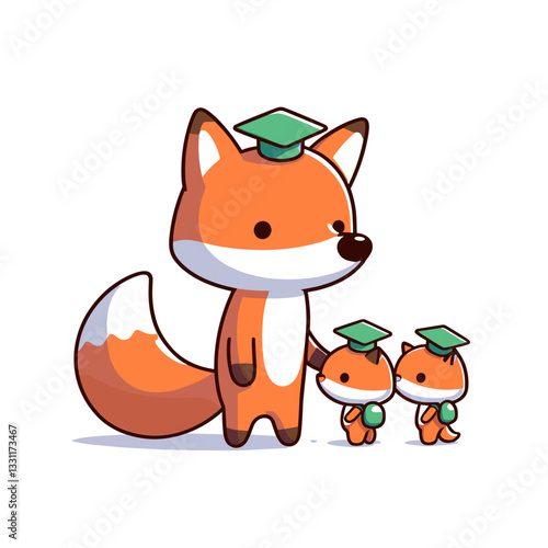 Adult fox with baby oranges wearing graduation caps. Vector illustration representing financial parenting, wealth education and intergenerational money management concepts.