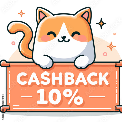 Cat peeking over cashback reward banner. Vector illustration ideal for shopping rewards, purchase incentives and customer loyalty program concepts.