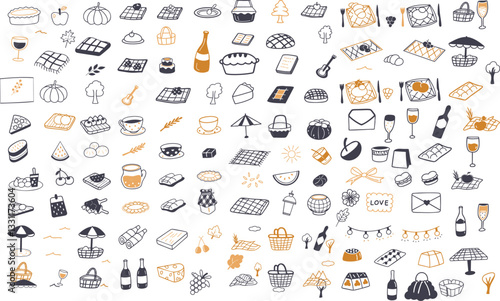 Elegant picnic icons featuring food, drinks, and outdoor elements create delightful atmosphere. Perfect for summer gatherings and celebrations