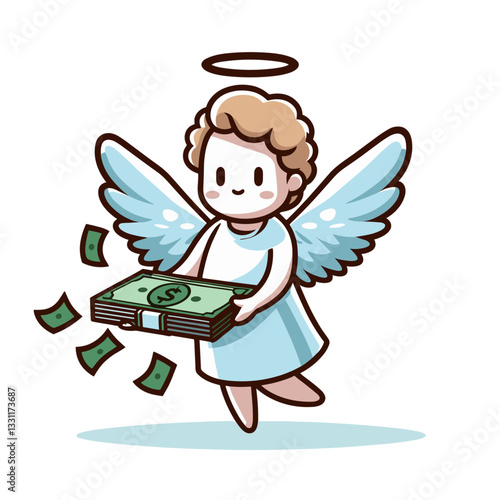Angel distributing dollar bills with wings. Vector illustration perfect for financial blessing, divine abundance and unexpected wealth concepts.