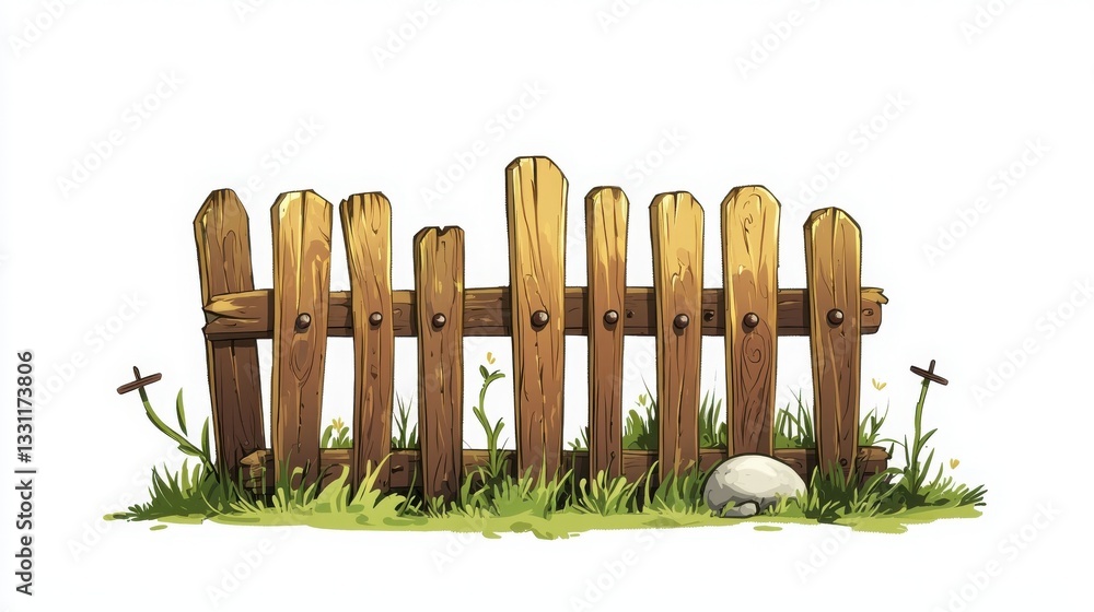 Obraz premium A wooden fence with a rustic look, surrounded by grass and a stone, suggesting a tranquil outdoor setting.