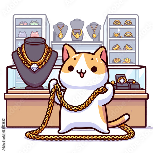 Cat jeweler with gold chain in luxury store. Vector illustration perfect for valuable assets, luxury investment and precious metal retail concepts.