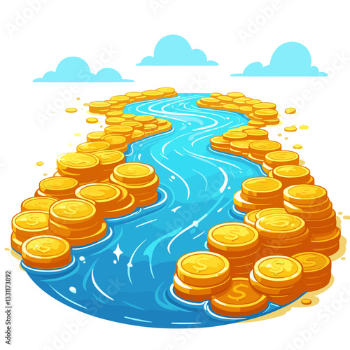 River flowing between gold coin banks. Vector illustration representing cash flow management, financial liquidity and wealth current concepts.