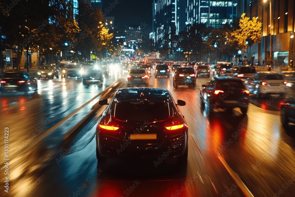 A sleek black car drives through a busy city street at night, surrounded by vibrant lights and a bustling urban atmosphere. A sleek black car drives through a busy city street at night, surrounded by vibrant lights and a bustling urban atmosphere.