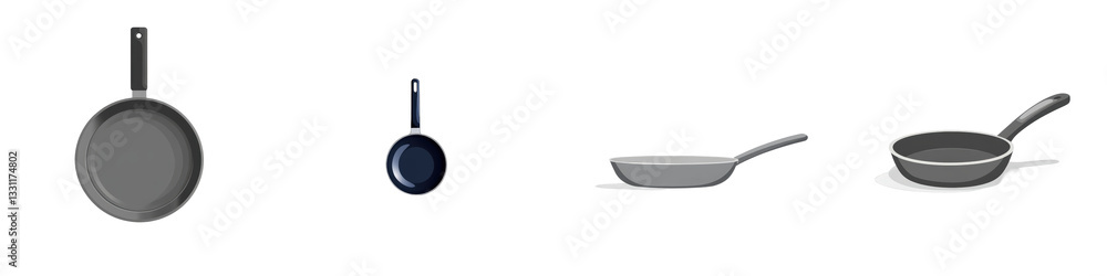 Various frying pans arranged on a black surface, kitchen cookware and utensils isolated on white or transparent Various frying pans arranged on a black surface, kitchen cookware and utensils isolated on white or transparent