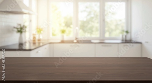 The image captures a light-colored wooden tabletop in the foreground set against a blurred kitchen interior with natural light, creating a modern setting
