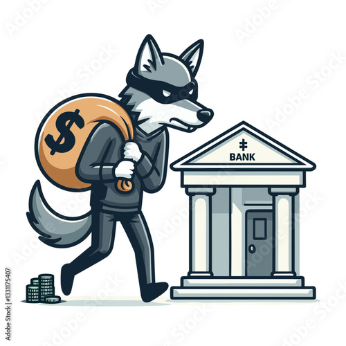 Wolf burglar stealing money bag from bank. Vector illustration for financial crime, banking security threats and institutional theft warning concepts.