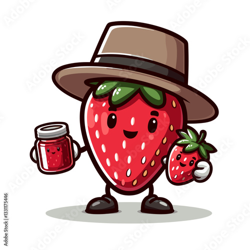 Strawberry farmer with jam jar and berry. Vector illustration perfect for agricultural business, harvest profits and fruit production commerce concepts.