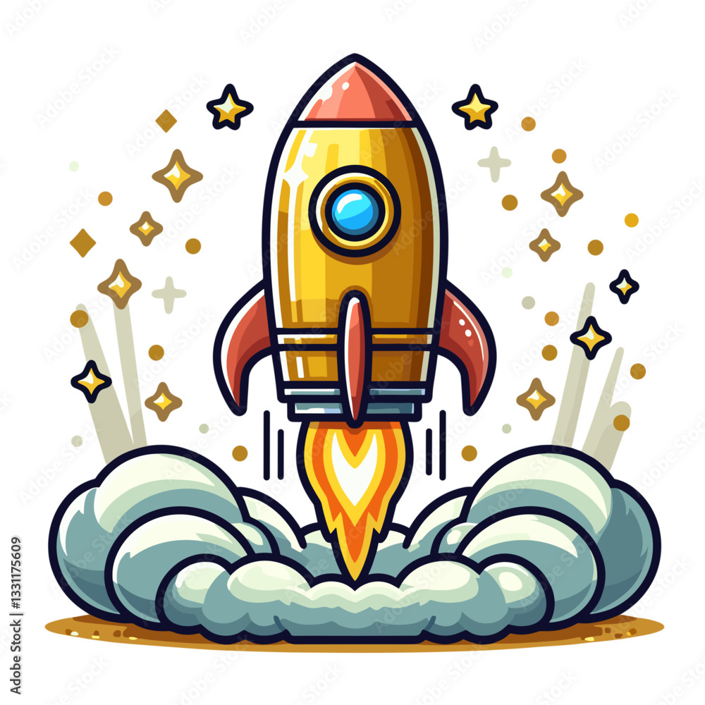 Rocket launching with stars and cloud base. Vector illustration ideal for startup funding, business liftoff and venture capital investment concepts. Rocket launching with stars and cloud base. Vector illustration ideal for startup funding, business liftoff and venture capital investment concepts.