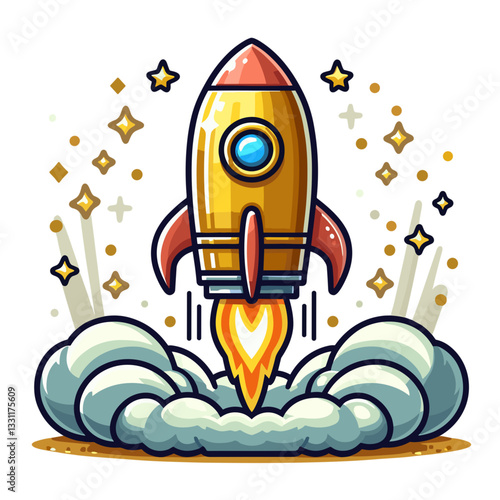 Rocket launching with stars and cloud base. Vector illustration ideal for startup funding, business liftoff and venture capital investment concepts.