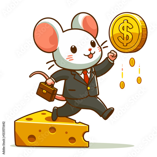 Mouse businessman with briefcase on cheese platform. Vector illustration ideal for financial niche, specialized investments and targeted wealth management concepts.