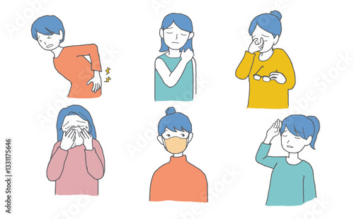 体の不調がある女性のイラストセット