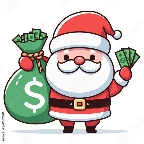 Santa Claus holding money bag and dollar bills. Vector illustration perfect for holiday budgeting, Christmas finances and seasonal gift economics concepts.