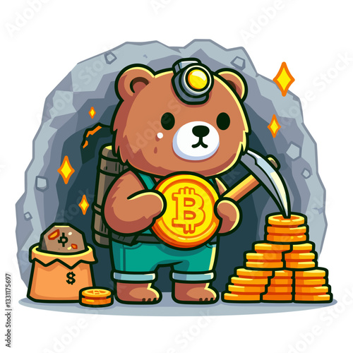 Bear miner with bitcoin and mining helmet in cave. Vector illustration representing cryptocurrency mining, digital asset extraction and blockchain resource concepts.