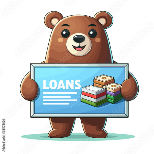 Bear holding loan information sign. Vector illustration perfect for lending services, credit approval and financial borrowing concepts.