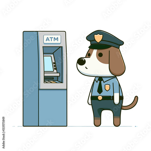 Dog security officer guarding ATM machine. Vector illustration representing banking security, financial protection and cash access safety concepts.