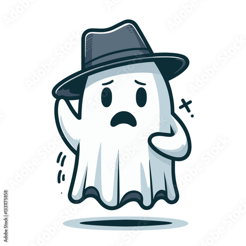 Worried ghost with hat and worried expression. Vector illustration representing financial haunting, debt stress and monetary burden concepts.