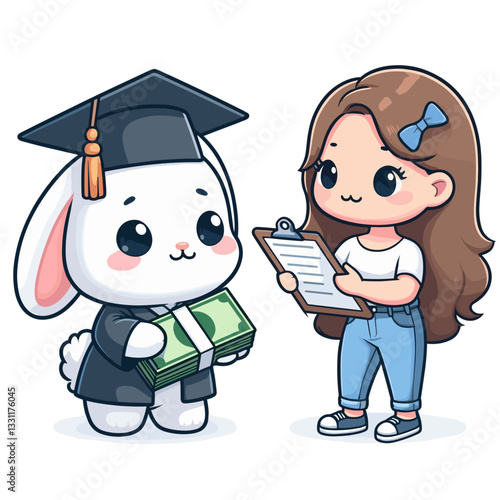 Graduate bunny receiving diploma with girl. Vector illustration ideal for financial education, student loan repayment and academic investment return concepts.