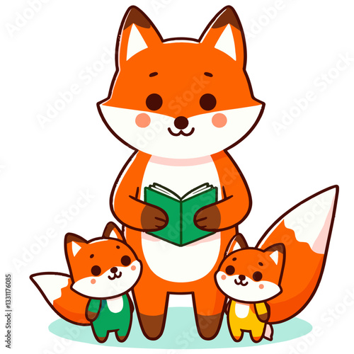 Fox parent reading to young fox cubs. Vector illustration ideal for financial literacy teaching, family money education and intergenerational wealth knowledge concepts.