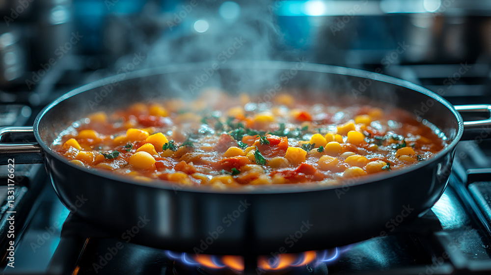 a steaming pot of a soup on a stove leaving copy space ai a steaming pot of a soup on a stove leaving copy space ai