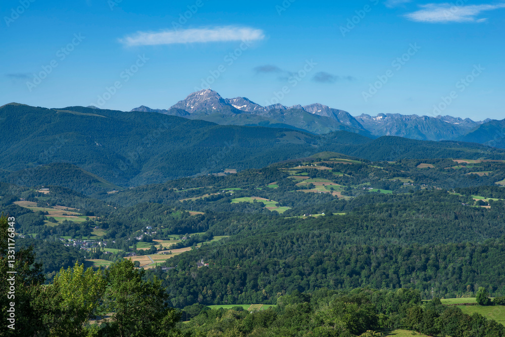 Naklejka premium Pic de l'aiguille du midi in the Pyrenees in the distance, with the countryside in the foreground,
