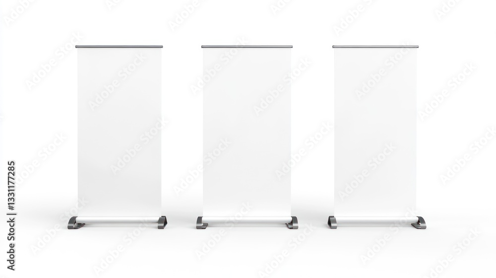 Three Blank Roll Up Banners on White Backdrop for Business Marketing Three Blank Roll Up Banners on White Backdrop for Business Marketing