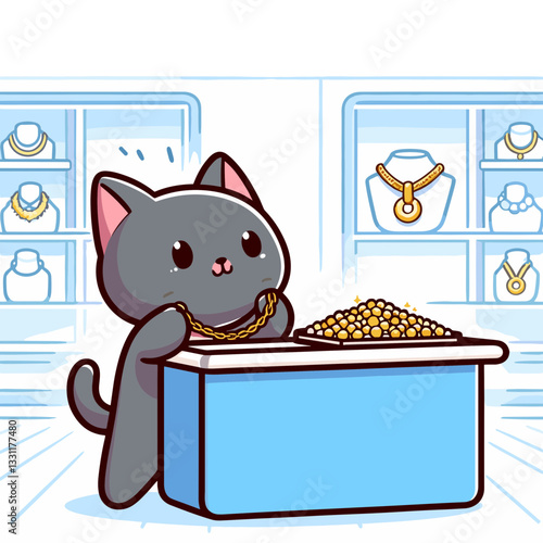 Cat jeweler behind luxury display counter. Vector illustration perfect for valuable assets, precious retail and high-end commerce concepts.