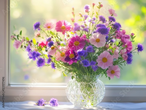 Beautiful and Colorful Flower Bouquet in a Crystal Vase Near a Bright Window with Soft Sunlight Filtering Through Blossoms