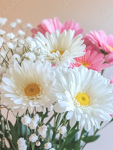 Beautiful and Fresh Floral Arrangement with White and Pink Gerbera Daisies and Delicate Baby's Breath on a Soft Background for Inspiration