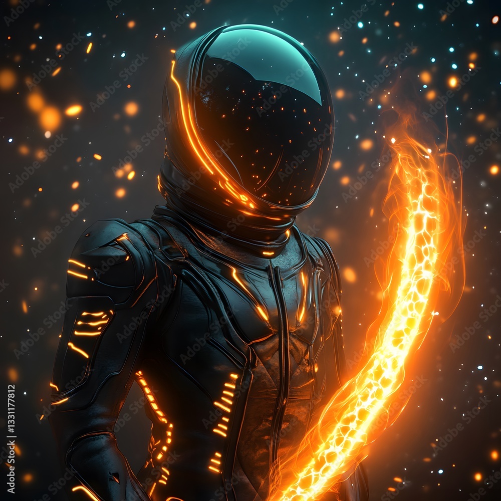 Fototapeta premium A futuristic space knight holding a plasma sword, ready for battle