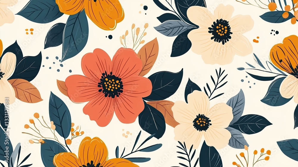 Groovy autumn flowers vector seamless pattern with retro fall florals Groovy autumn flowers vector seamless pattern with retro fall florals