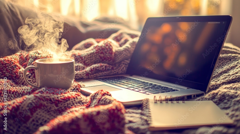 Cozy laptop setup hot drink, notebook, and warm knitted blanket backdrop Cozy laptop setup hot drink, notebook, and warm knitted blanket backdrop