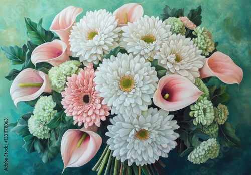 Beautiful and Vibrant Floral Arrangement with White, Pink, and Green Flowers on Soft Green Background for Nature and Decoration Concepts