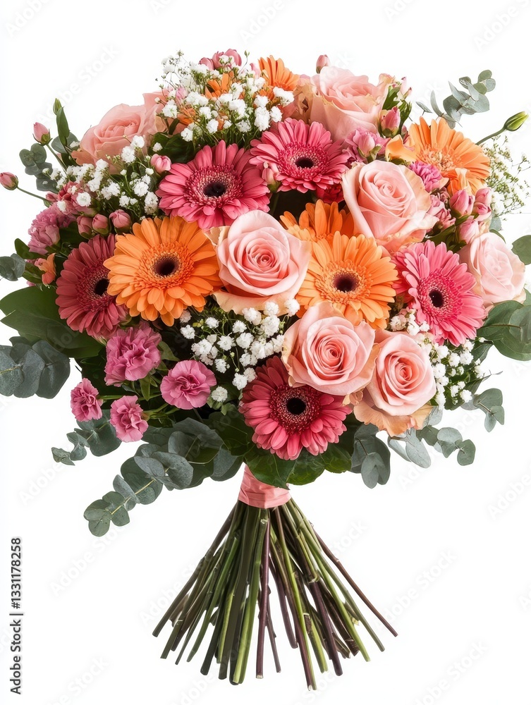 Fototapeta premium Beautiful and Vibrant Mixed Bouquet with Roses, Gerberas, Baby's Breath, and Eucalyptus Leaves on a White Background