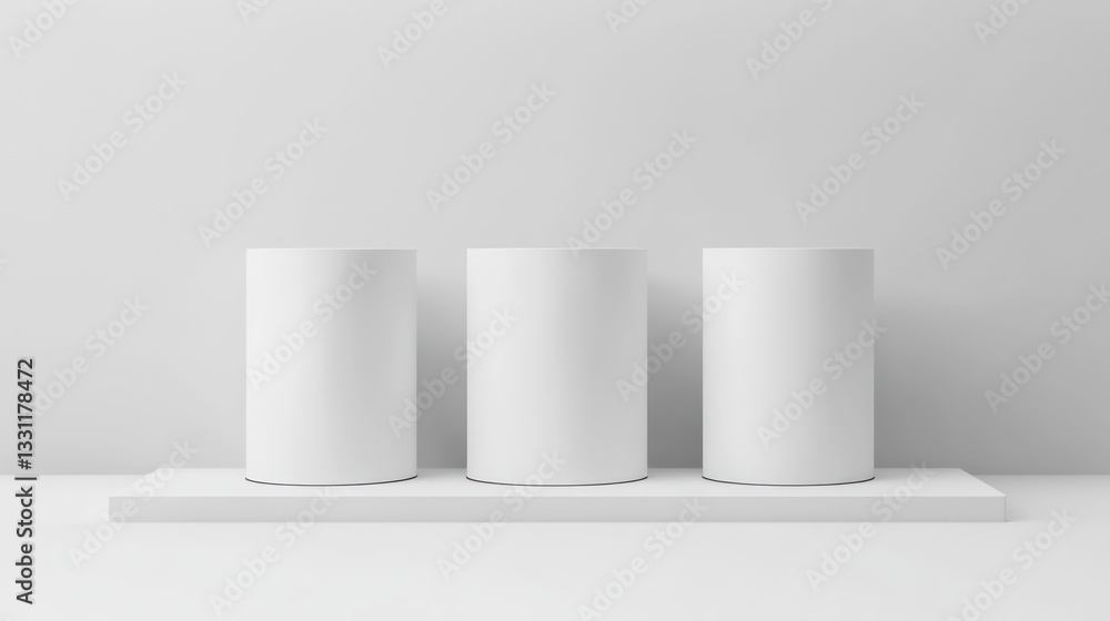 Three White Cylinders Display Stand in Clean Minimalist Background Studio Three White Cylinders Display Stand in Clean Minimalist Background Studio