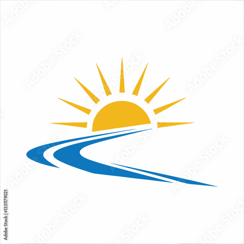 Minimalist Nature Landscape Sunrise Over River Vector Illustration.