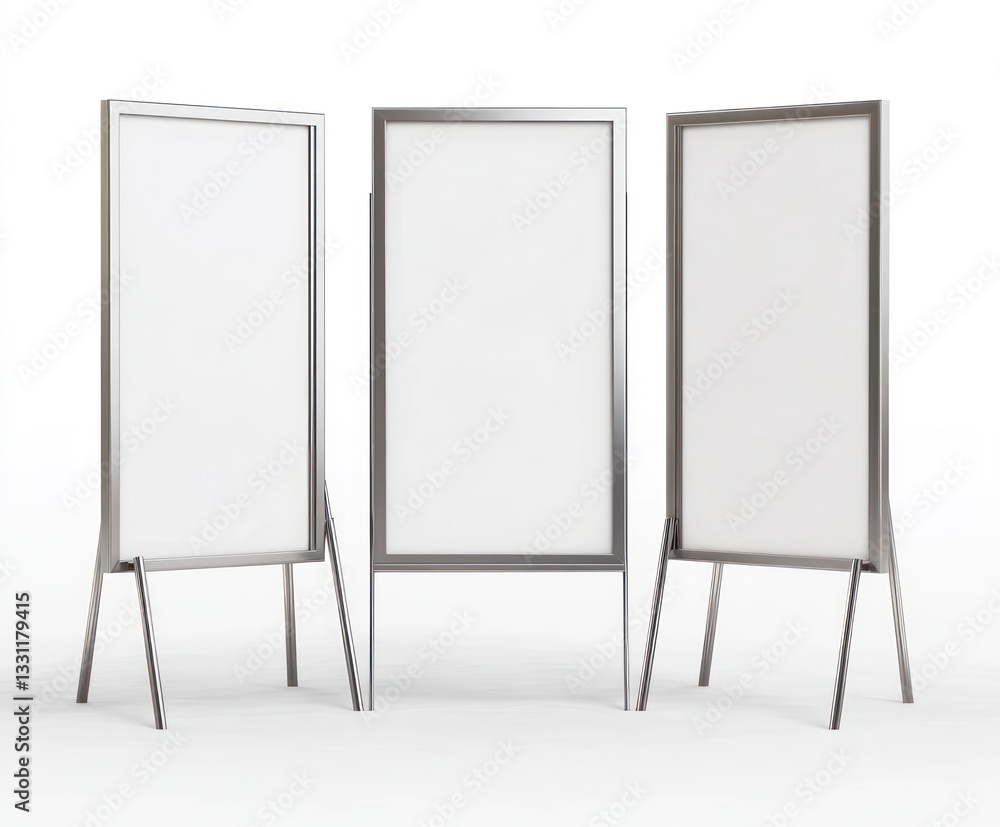 Three Metal Framed Sandwich Boards on White Backdrop for Advertising Three Metal Framed Sandwich Boards on White Backdrop for Advertising