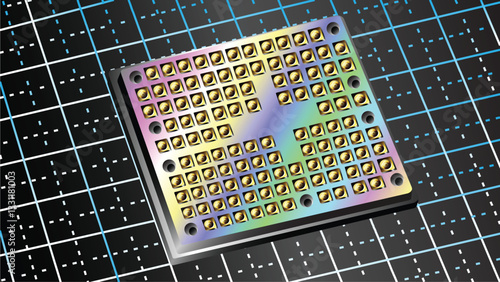 Quantum Processor Chip.Futuristic computing technology. A detailed digital illustration of a quantum processor chip featuring gold contact points and a futuristic gradient surface.