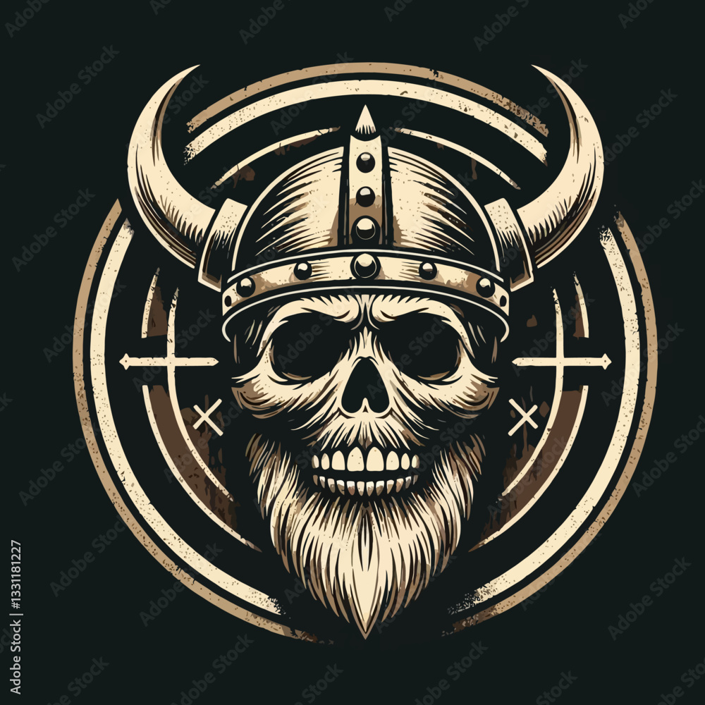 Emblema vintage vetorial de caveiras de vikings com capacetes em estilo grunge sobre fundo clipart transparente isolado, perfeito para branding, projetos históricos e brutais.