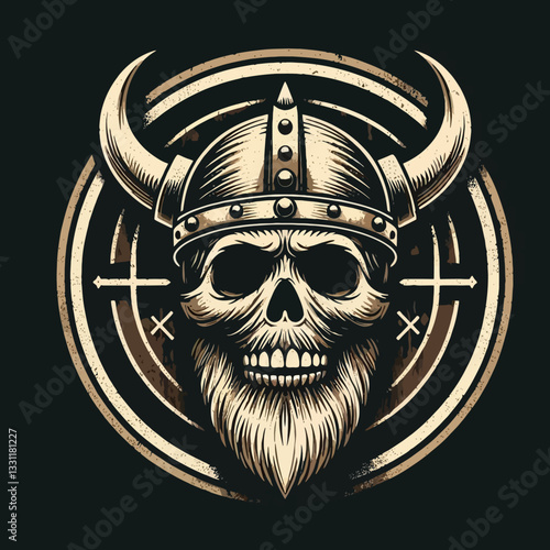 Emblema vintage vetorial de caveiras de vikings com capacetes em estilo grunge sobre fundo clipart transparente isolado, perfeito para branding, projetos históricos e brutais.