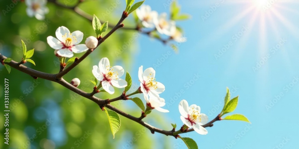 Delicate Spring Blossoms on a Branch, Basking in Sunlight Against a Serene Blue Sky Delicate Spring Blossoms on a Branch, Basking in Sunlight Against a Serene Blue Sky